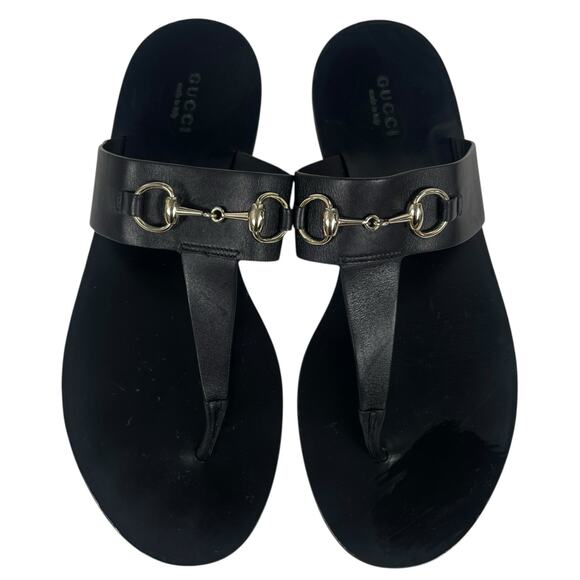 Gucci Horsebit Calf Leather Thong Sandal Slide Black Silver Size